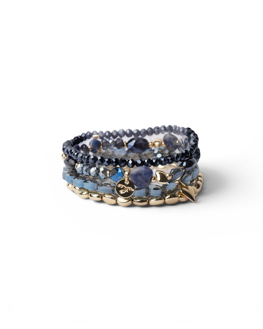 Bracciale elastico multi filo con pietre in vetro tono blu