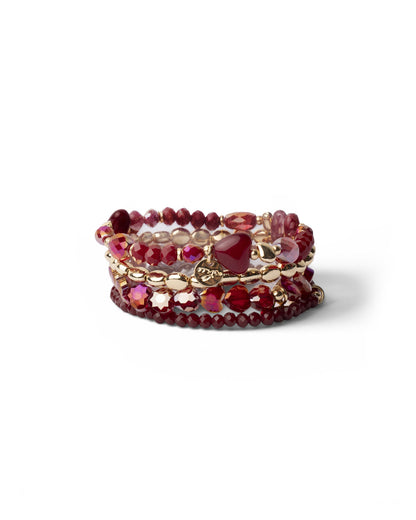 Bracciale elastico multi filo con pietre in vetro tono rosso