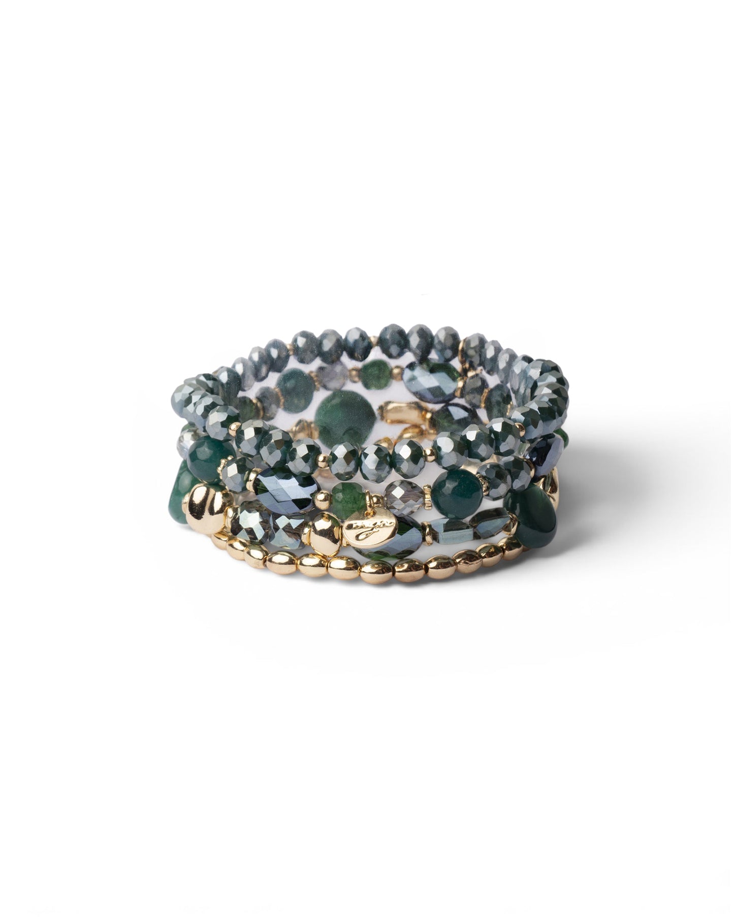 Bracciale elastico multi filo con pietre in vetro tono verde scuro