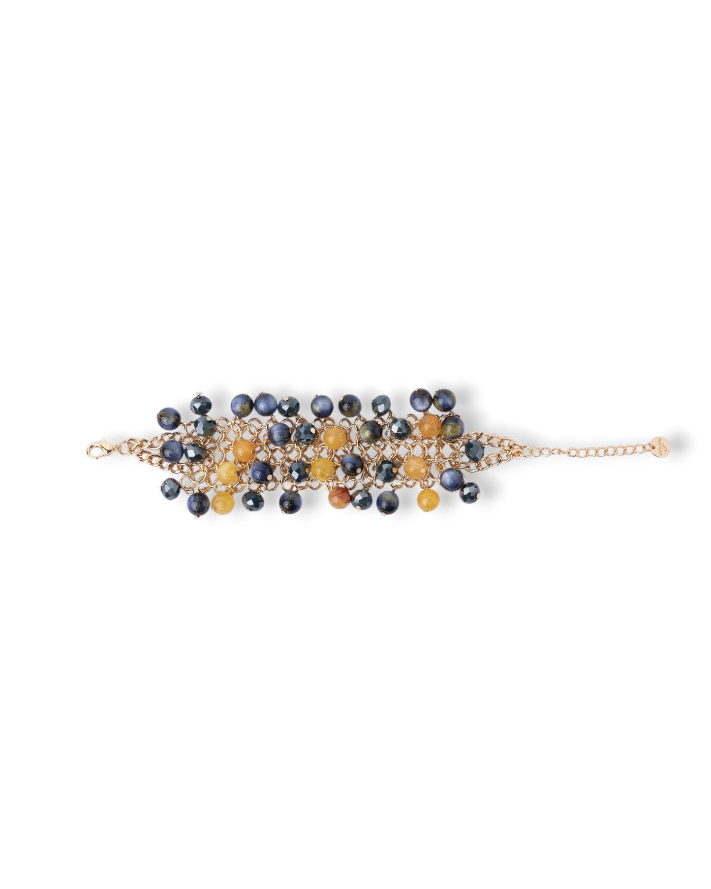 Bracciale a catena con pietre in vetro ed acrilico tono giallo e blu