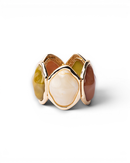 Bracciale elastico in metallo con pietre in resina verde, terracotta e bianco