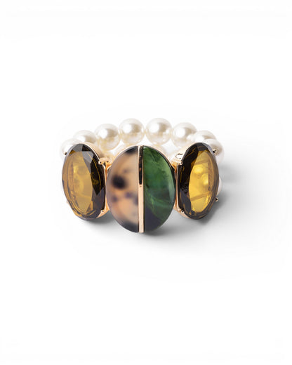 Bracciale doppio filo elastico con perle in vetro e pietre in acrilico tono verde