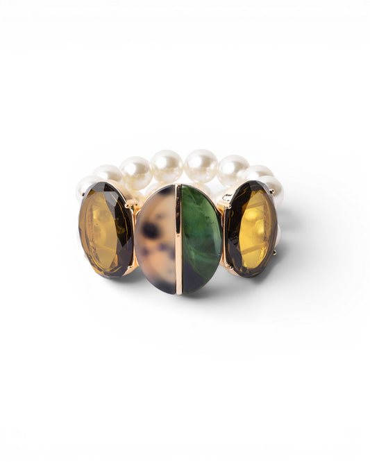 Bracciale doppio filo elastico con perle in vetro e pietre in acrilico tono verde