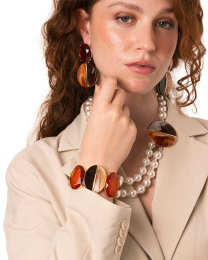 Bracciale doppio filo elastico con perle in vetro e pietre in acrilico ambra e marrone