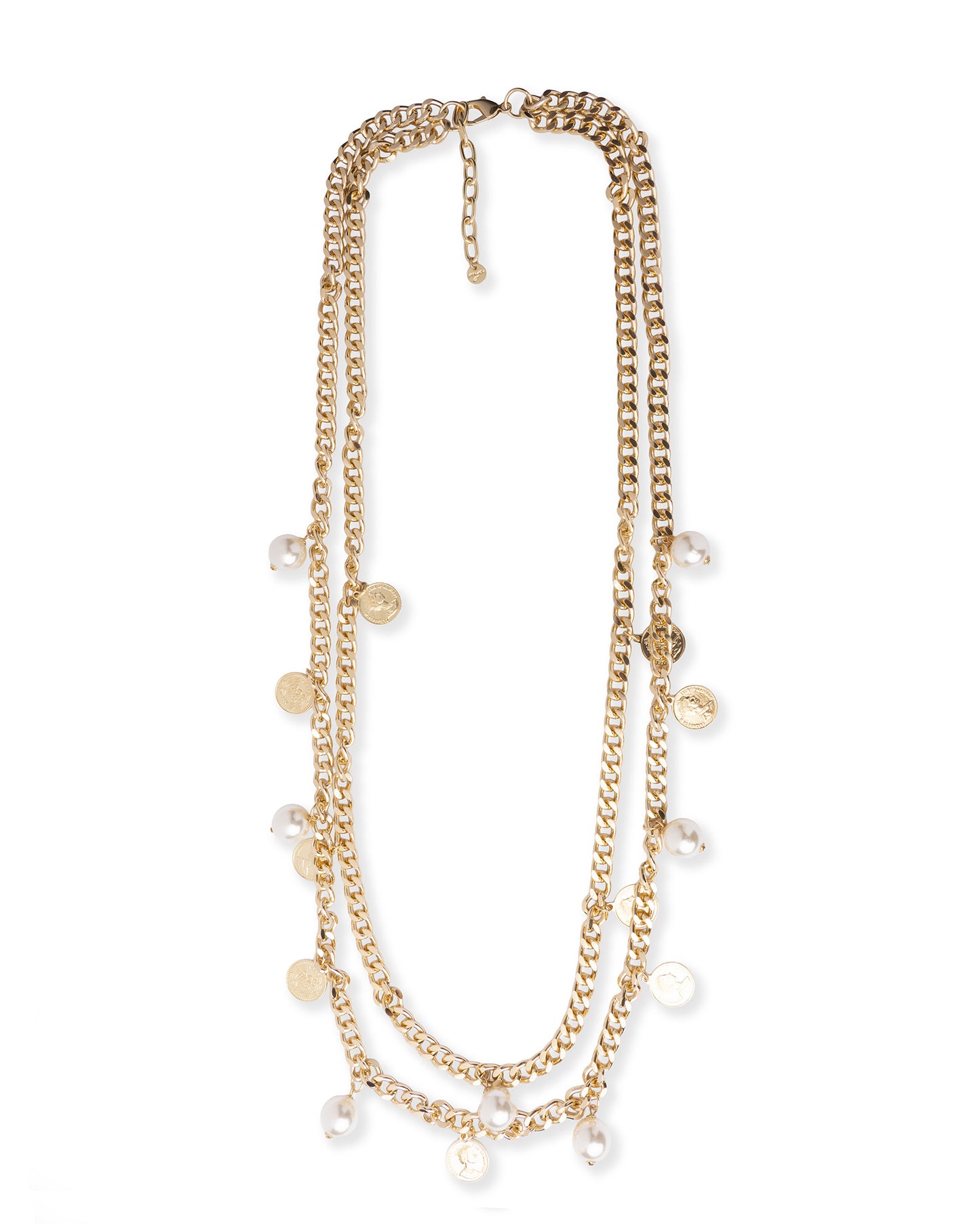 Collana con doppio filo di catene con perle in vetro e medagliette in metallo