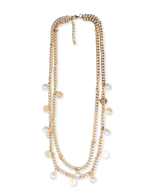 Collana con doppio filo di catene con perle in vetro e medagliette in metallo
