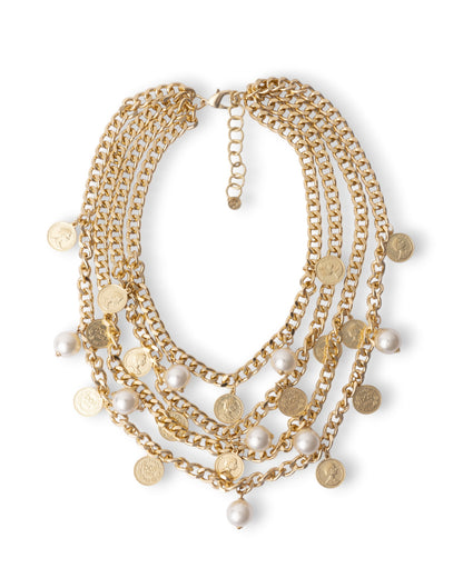 Collana girocollo multi catene con perle in vetro e medagliette in metallo
