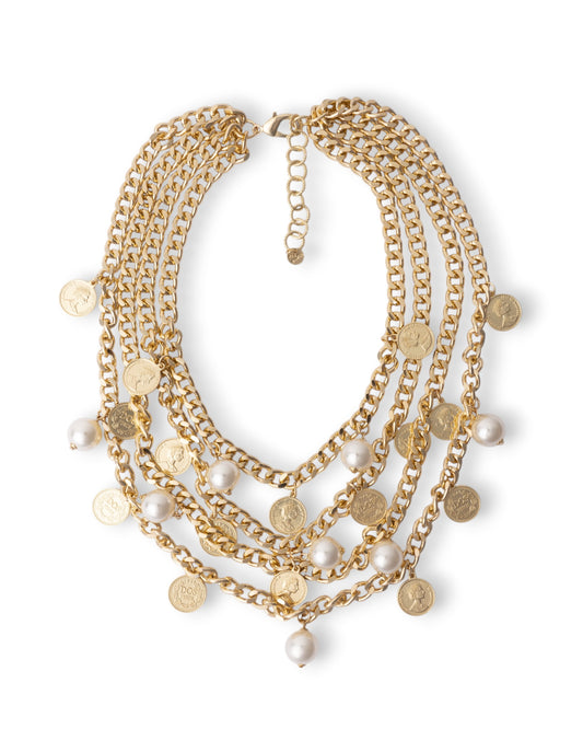 Collana girocollo multi catene con perle in vetro e medagliette in metallo