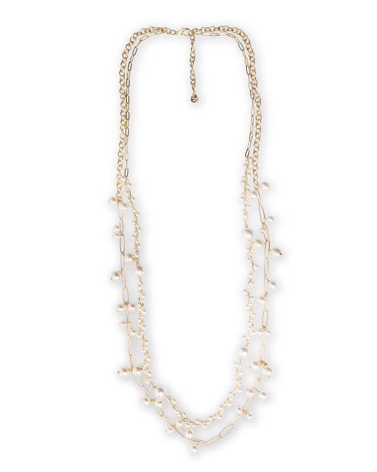 Collana lunga con doppio filo di catene tempestati di perle in vetro