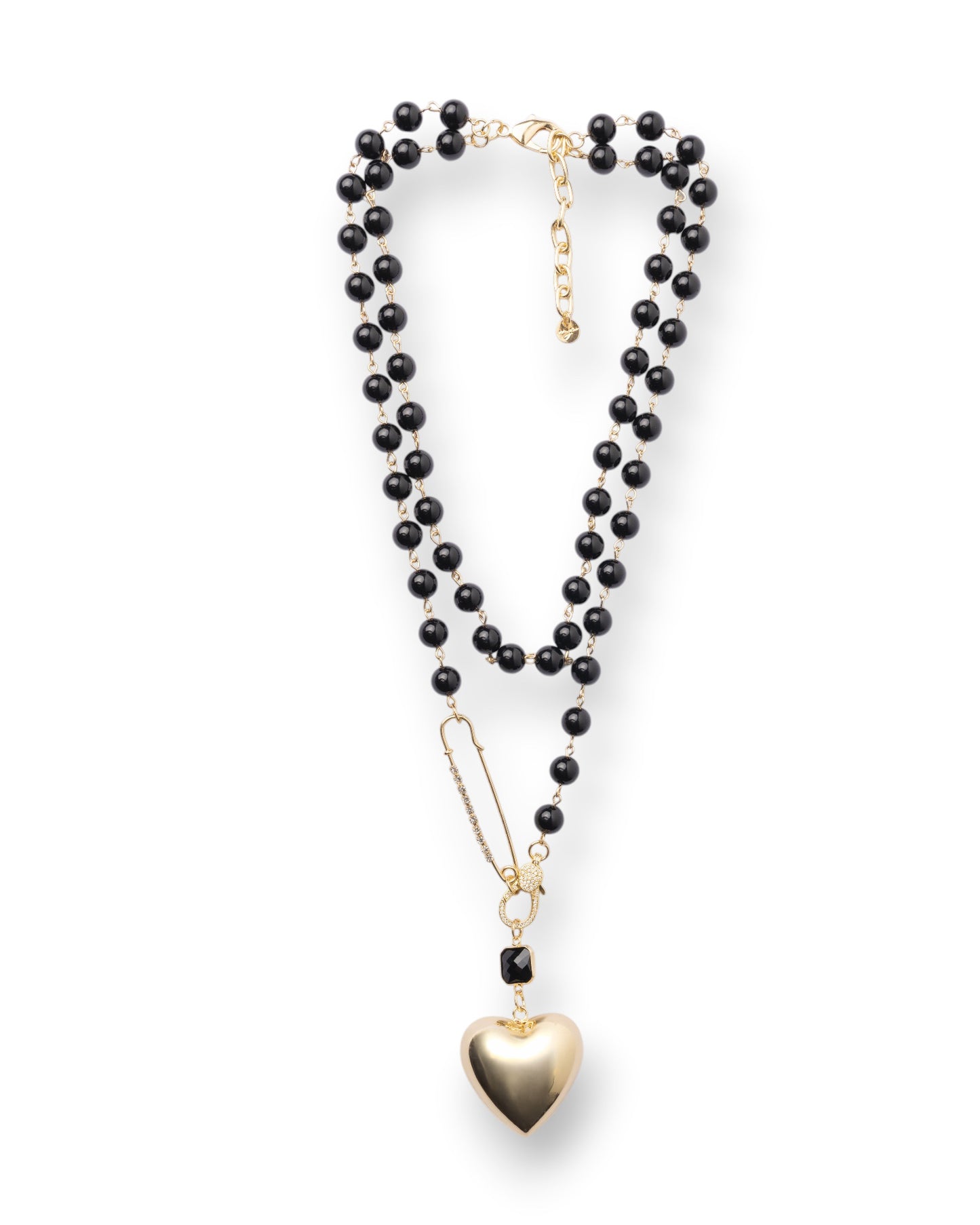 Collana doppio filo di perle in vetro nere con pendente in metallo a cuore