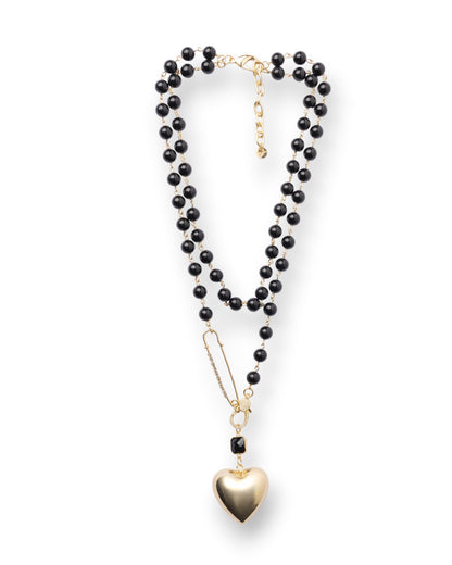 Collana doppio filo di perle in vetro nere con pendente in metallo a cuore