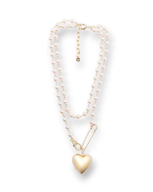 Collana doppio filo di perle in vetro con pendente in metallo a cuore
