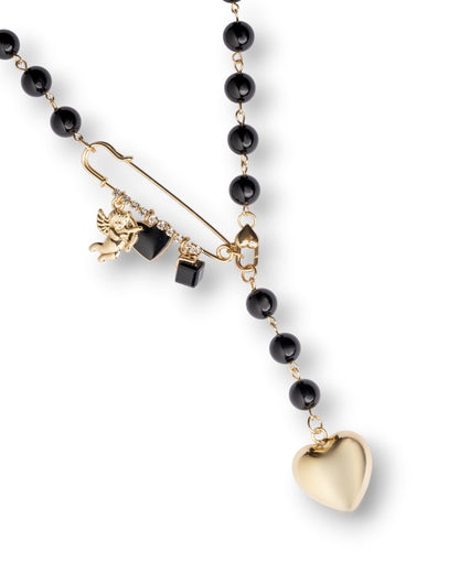 Collana lunga con pietre in vetro nere e spilla da balia, pendente a cuore