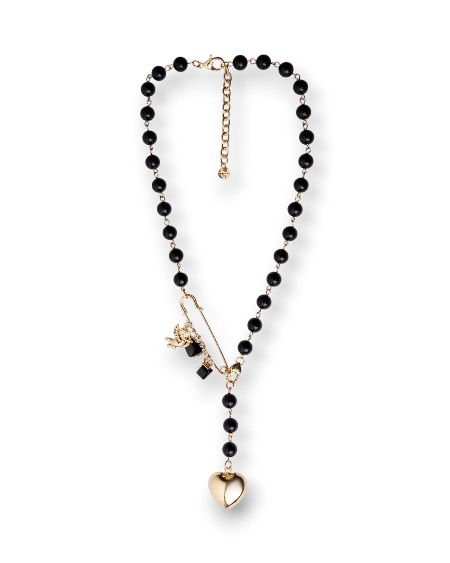 Collana lunga con pietre in vetro nere e spilla da balia, pendente a cuore