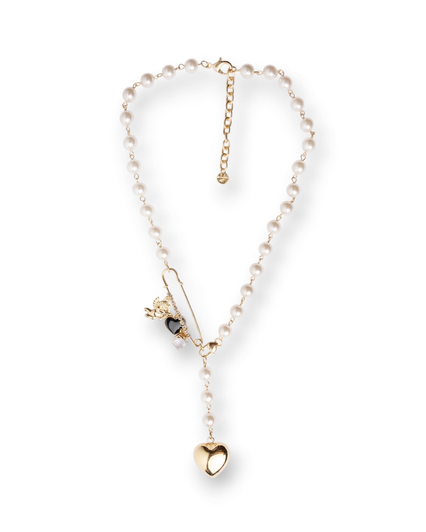 Collana lunga con pietre in vetro e spilla da balia, pendente a cuore