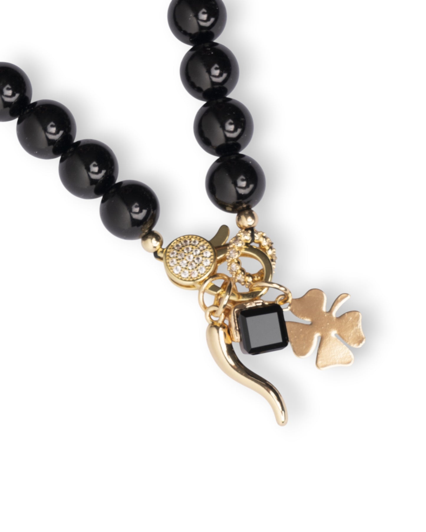 Collana girocollo con pietre in vetro nere e charms pendenti in metallo