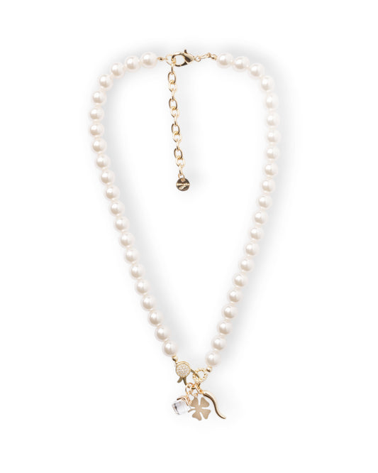 Collana girocollo con pietre in vetro e charms pendenti in metallo