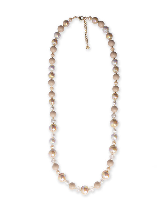 Collana lunga con sfere in vetro ed acrilico tono beige