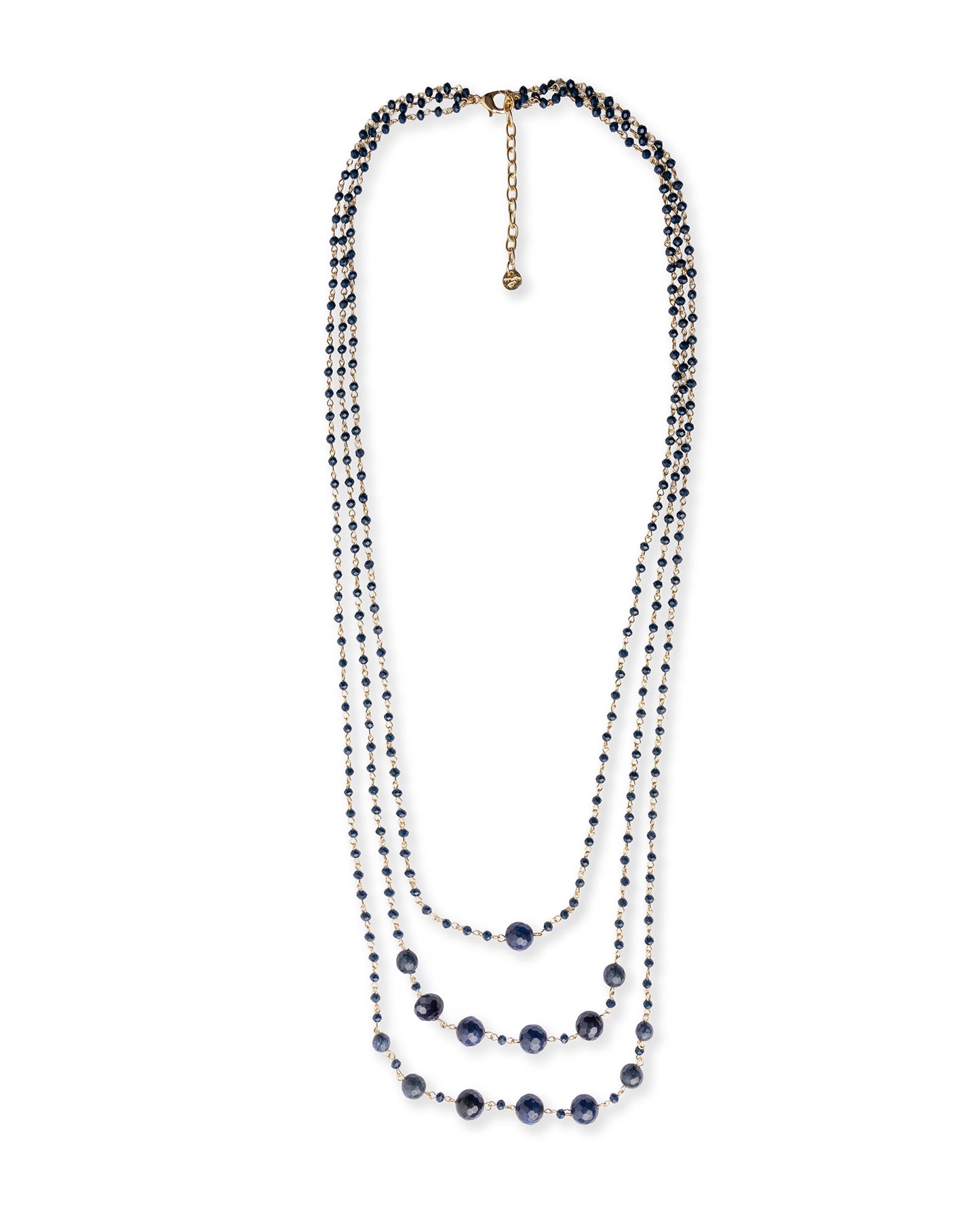 Collana lunga a tre fili con micro pietre e sfere in vetro blu