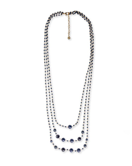 Collana lunga a tre fili con micro pietre e sfere in vetro blu