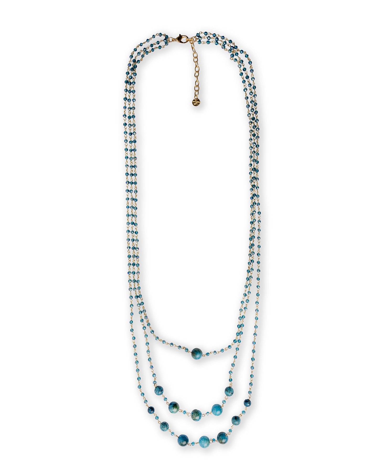 Collana lunga a tre fili con micro pietre e sfere in vetro petrolio