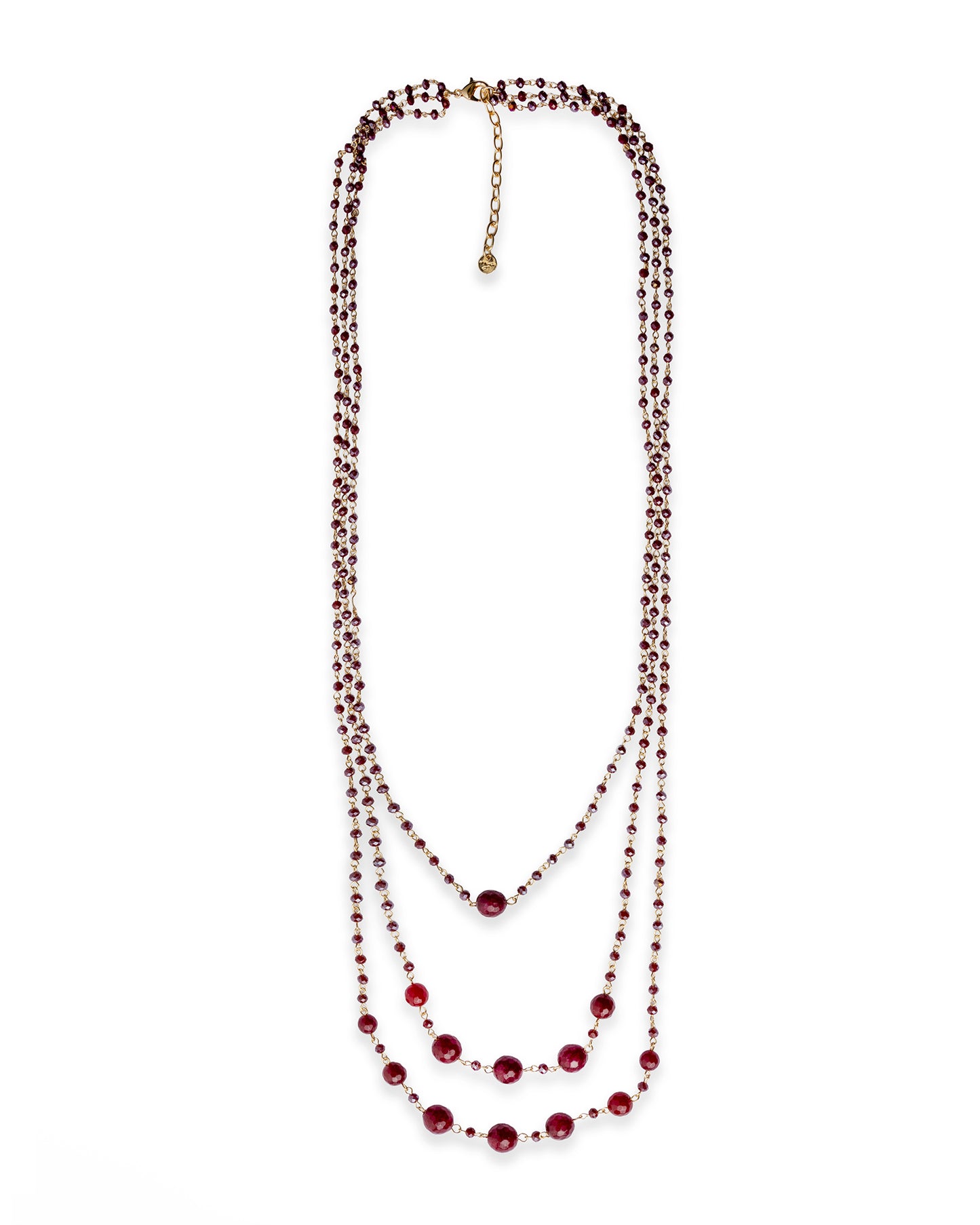 Collana lunga a tre fili con micro pietre e sfere in vetro rosse