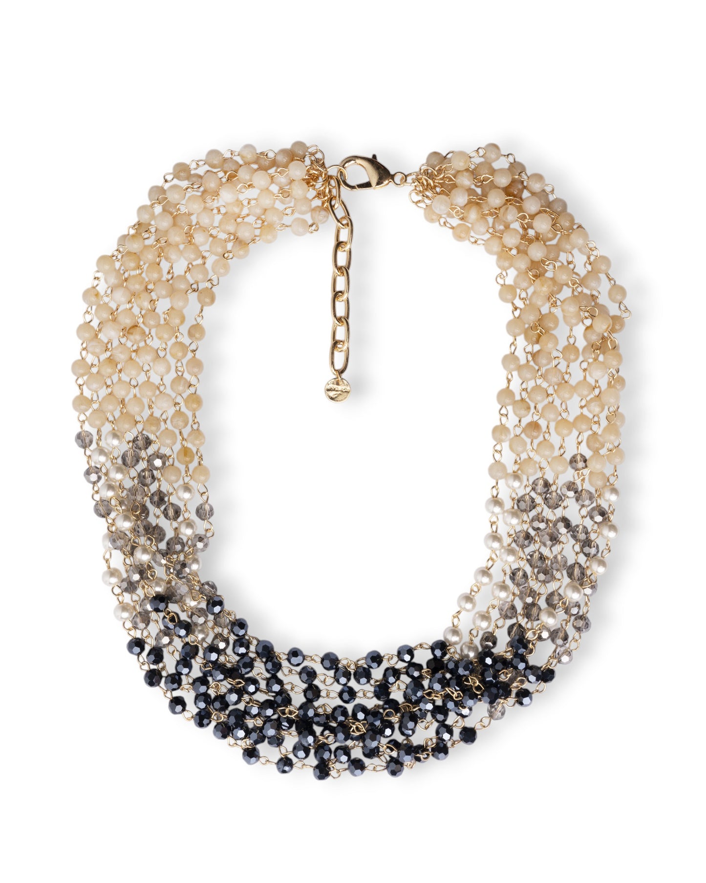 Collana girocollo multi filo con pietre in vetro ed acrilico tono grigio e giallo