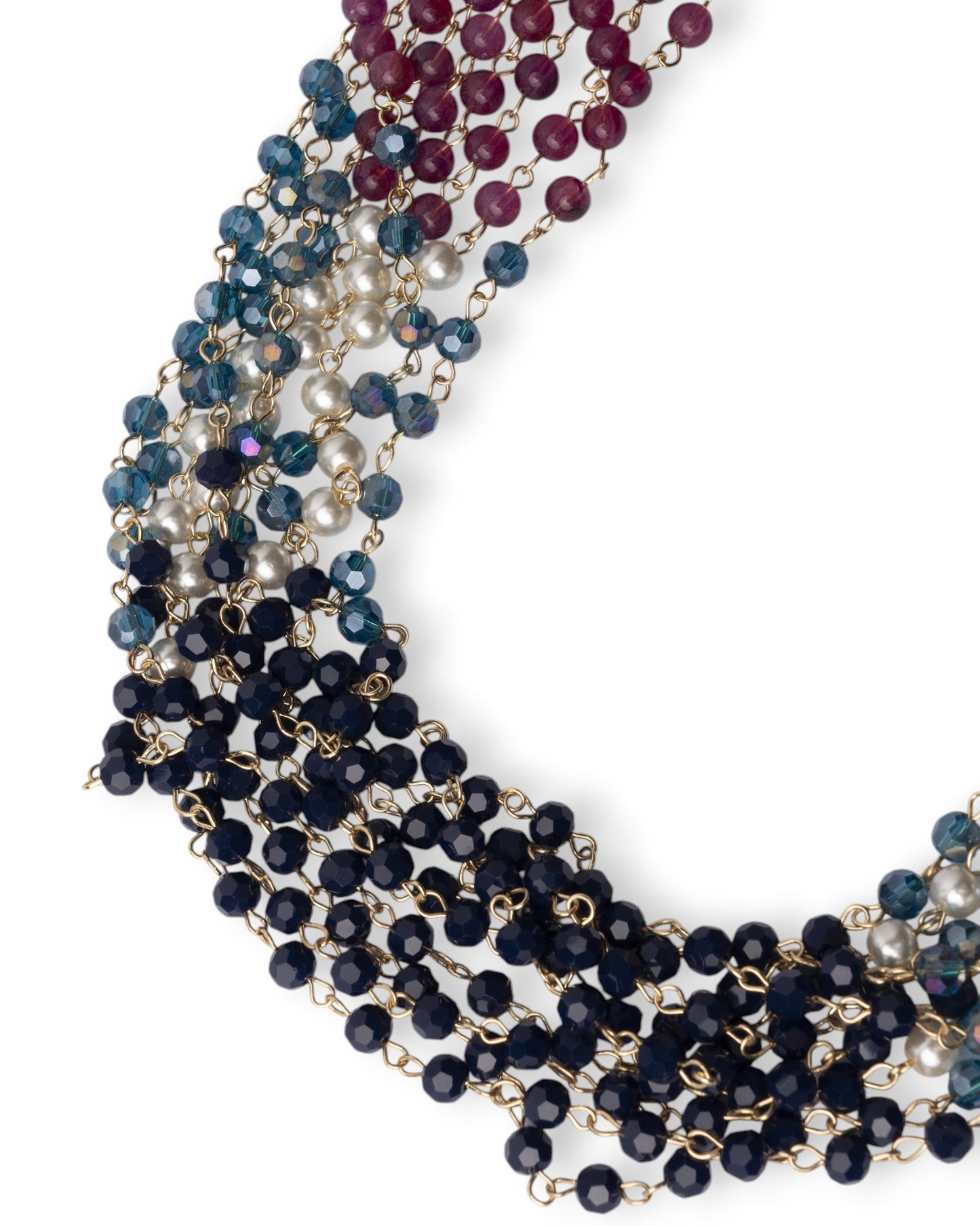 Collana girocollo multi filo con pietre in vetro ed acrilico tono fucsia e blu
