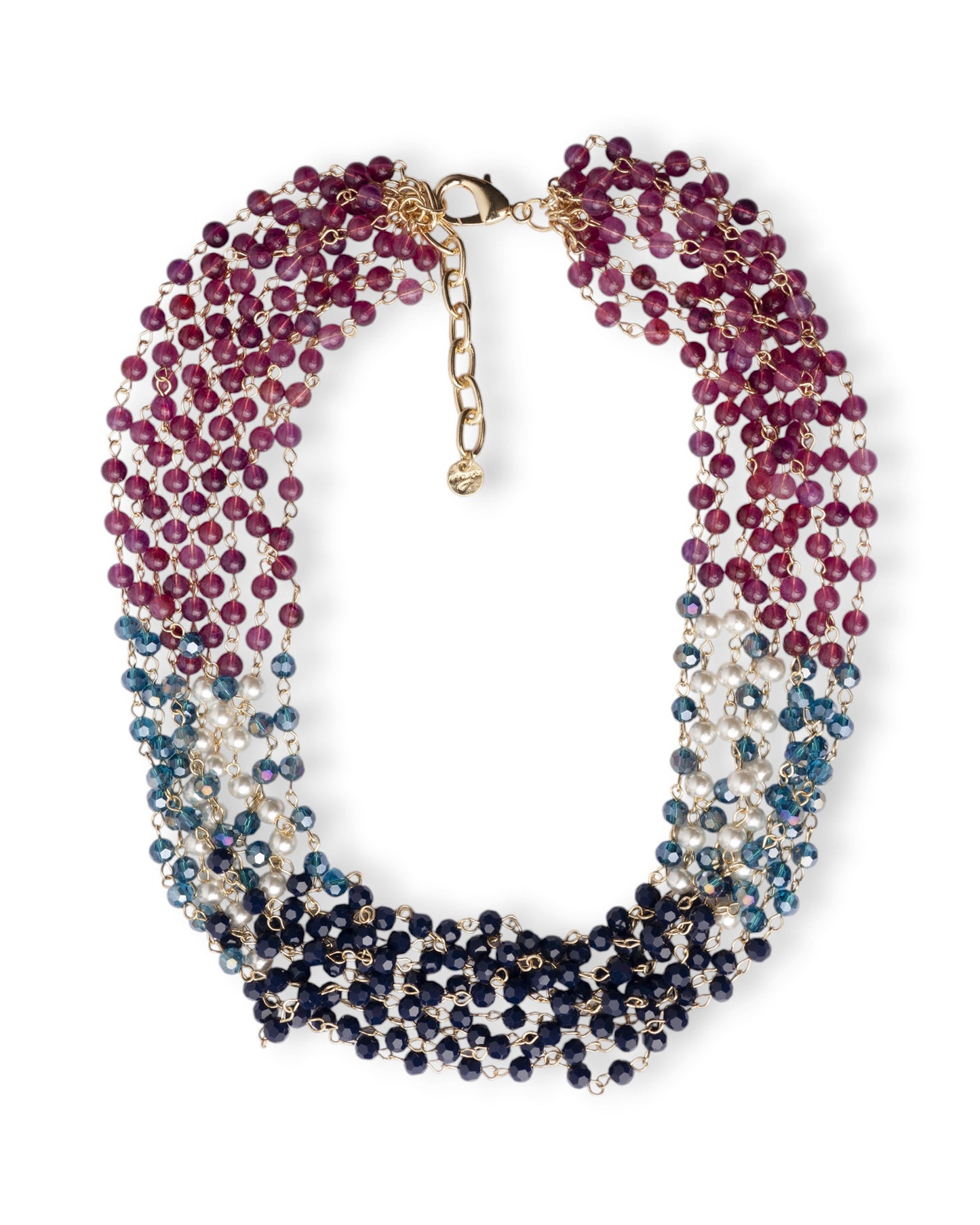 Collana girocollo multi filo con pietre in vetro ed acrilico tono fucsia e blu
