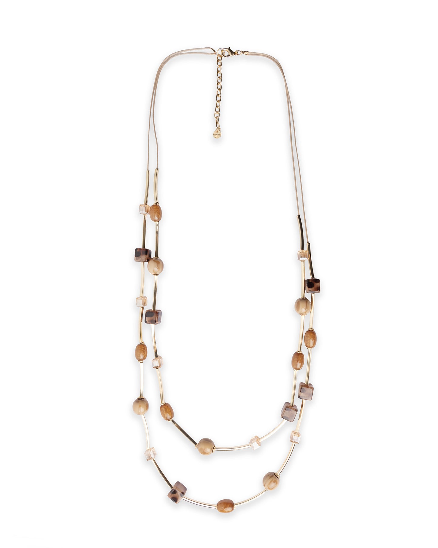 Collana lunga a due fili in corda con pietre a cubo in resina animalier tono beige