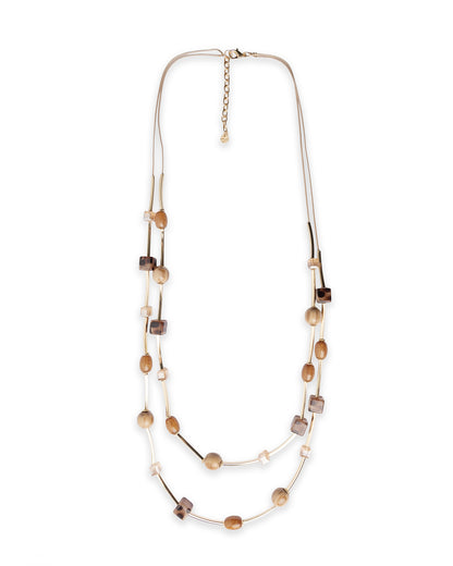 Collana lunga a due fili in corda con pietre a cubo in resina animalier tono beige