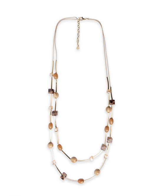 Collana lunga a due fili in corda con pietre a cubo in resina animalier tono beige
