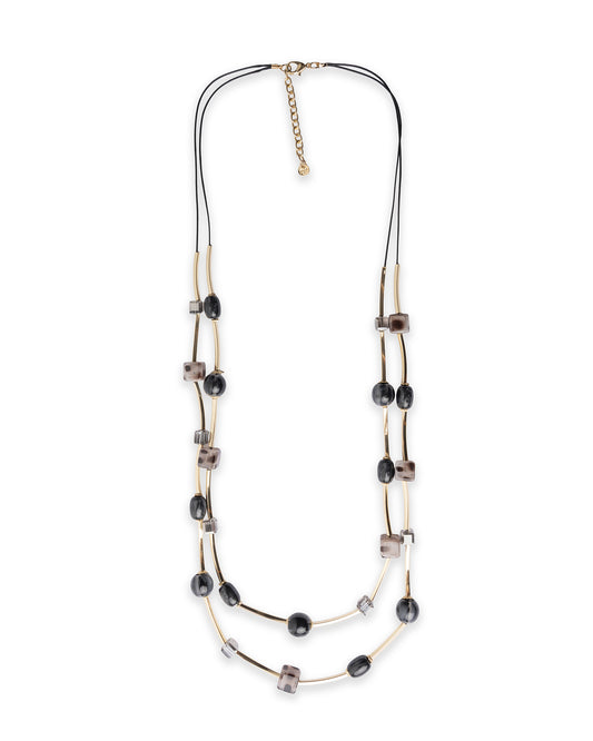Collana lunga a due fili in corda con pietre in resina tono grigio
