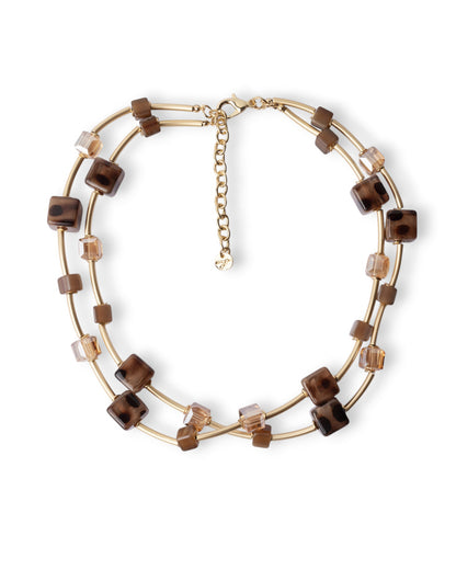 Collana girocollo a due fili con pietre a cubo in resina animalier tono beige