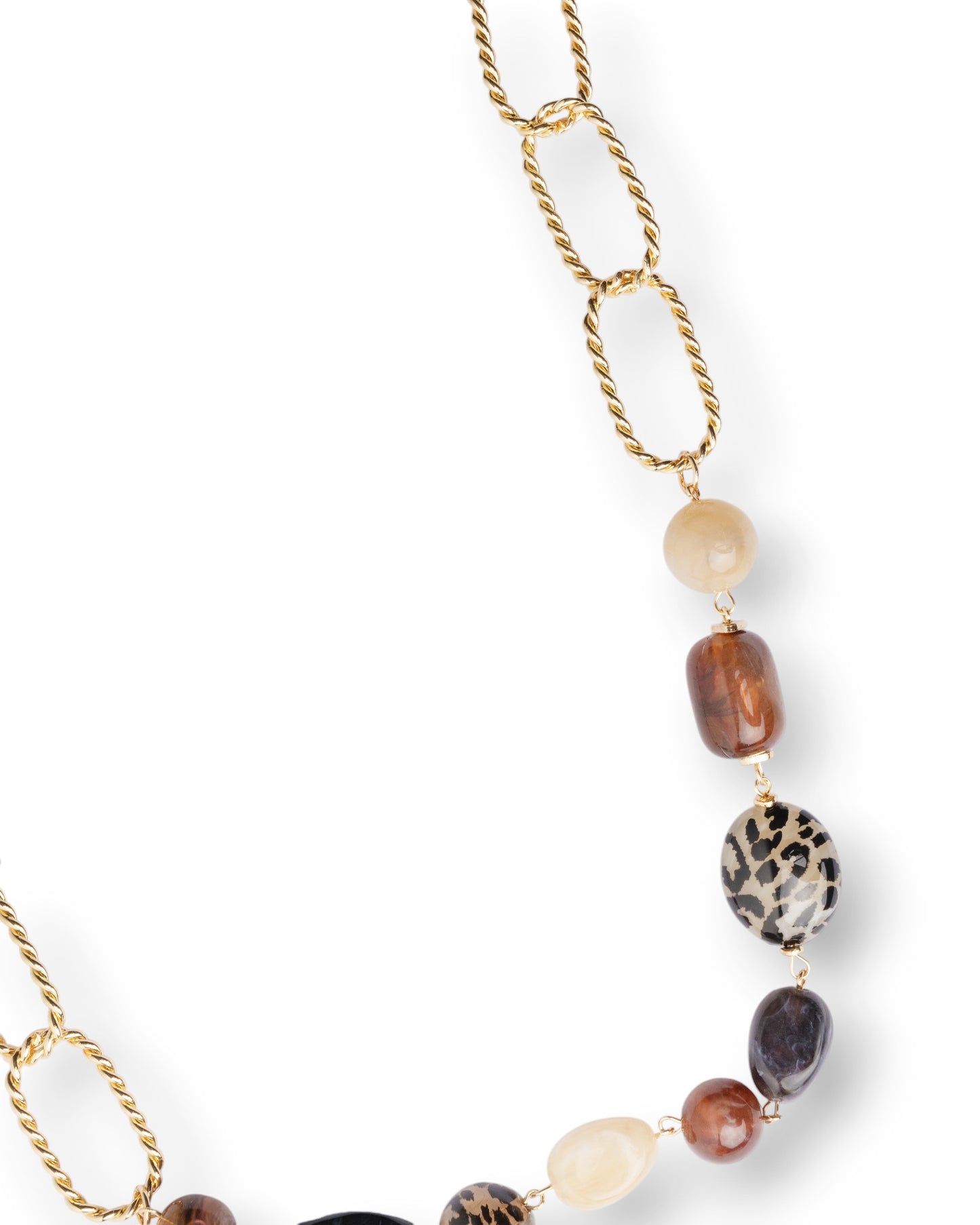 Collana lunga con pietre in acrilico e resina animalier tono marrone