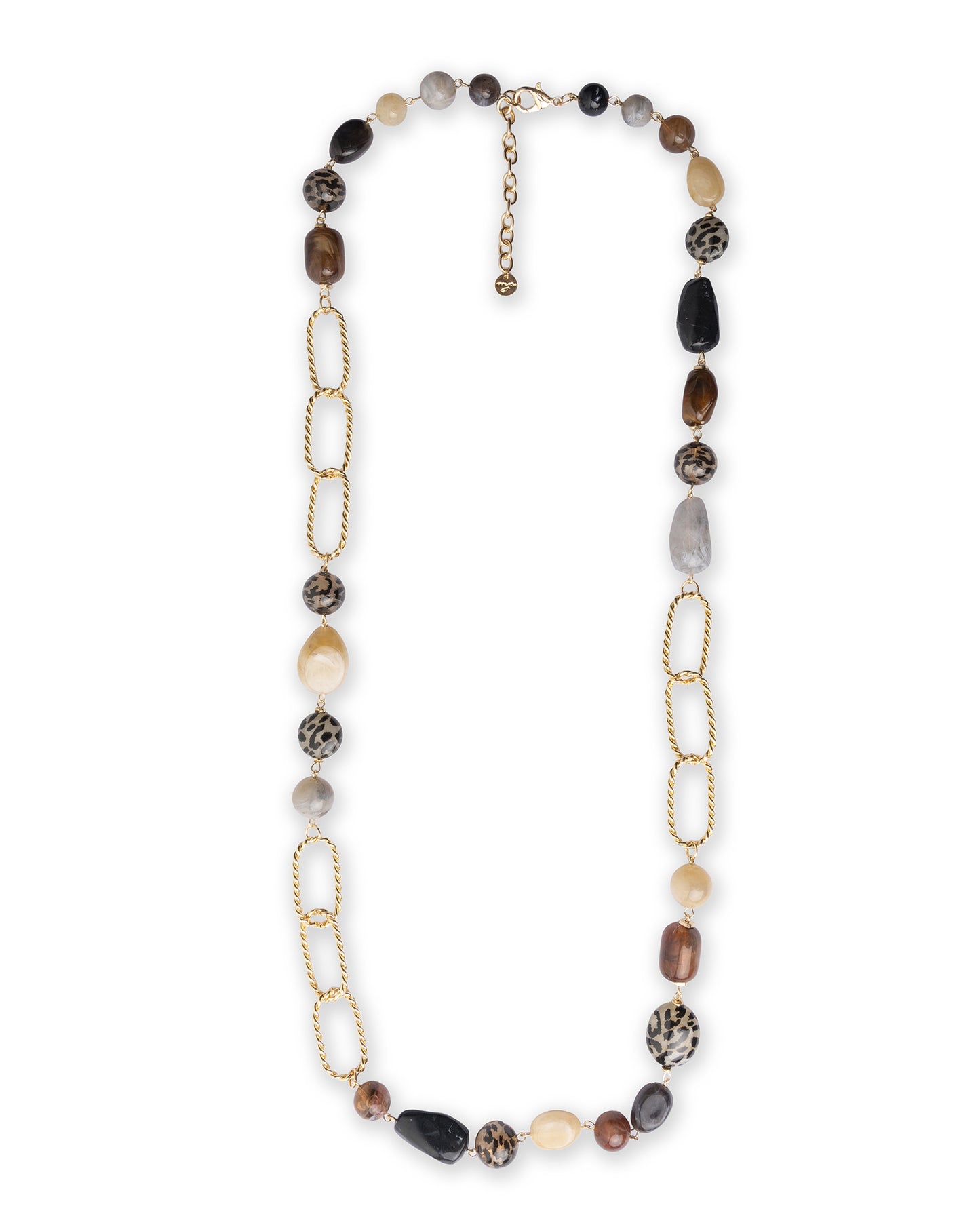Collana lunga con pietre in acrilico e resina animalier tono marrone