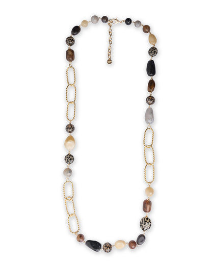 Collana lunga con pietre in acrilico e resina animalier tono marrone