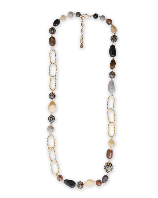 Collana lunga con pietre in acrilico e resina animalier tono marrone