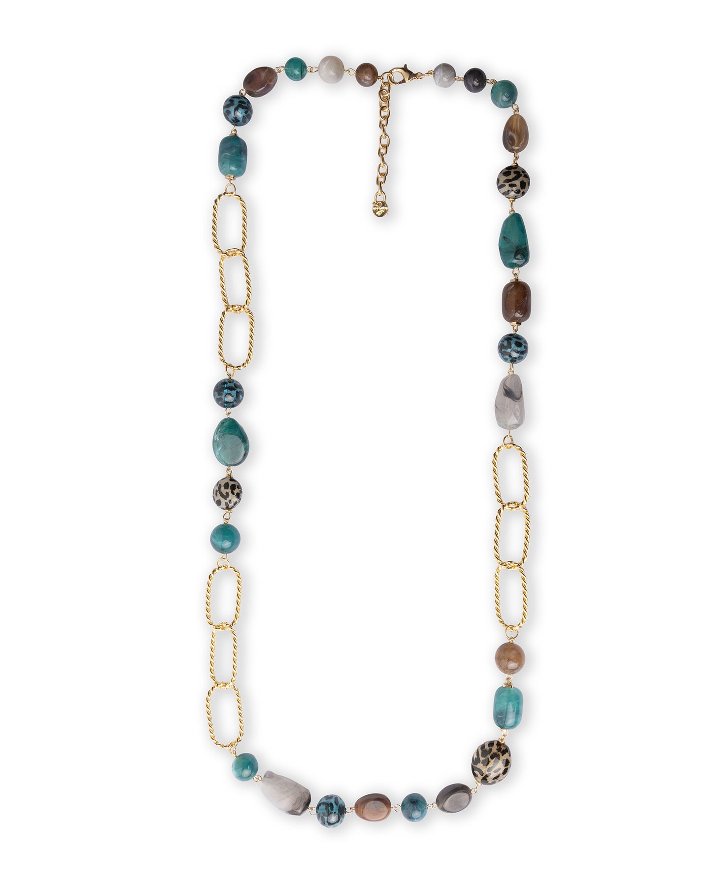 Collana lunga con pietre in acrilico e resina animalier tono petrolio