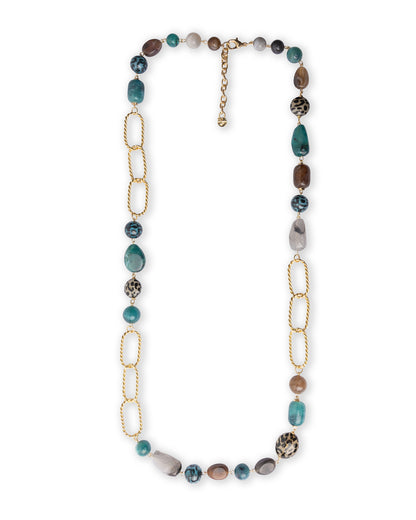 Collana lunga con pietre in acrilico e resina animalier tono petrolio