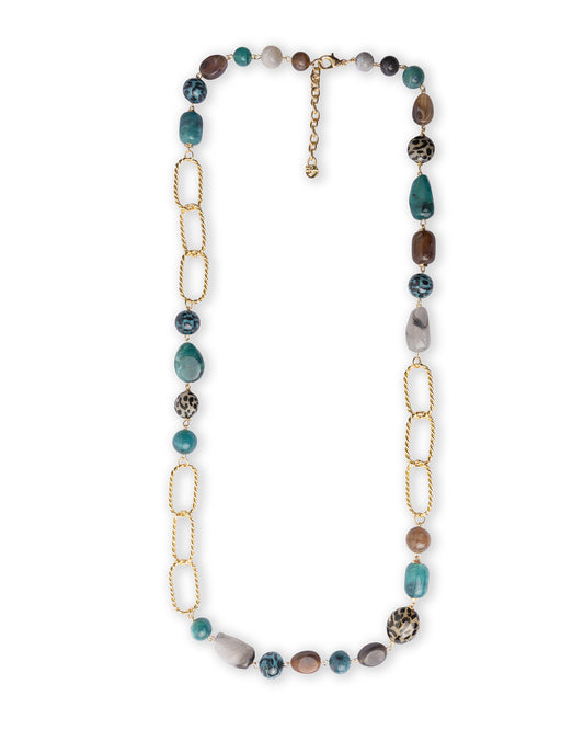 Collana lunga con pietre in acrilico e resina animalier tono petrolio