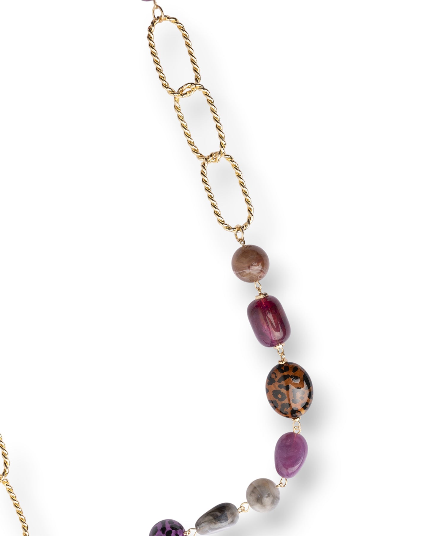 Collana lunga con pietre in acrilico e resina animalier tono viola
