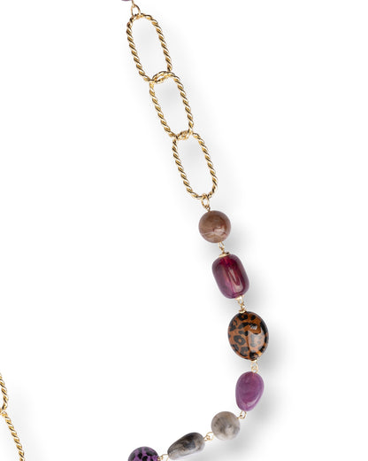 Collana lunga con pietre in acrilico e resina animalier tono viola