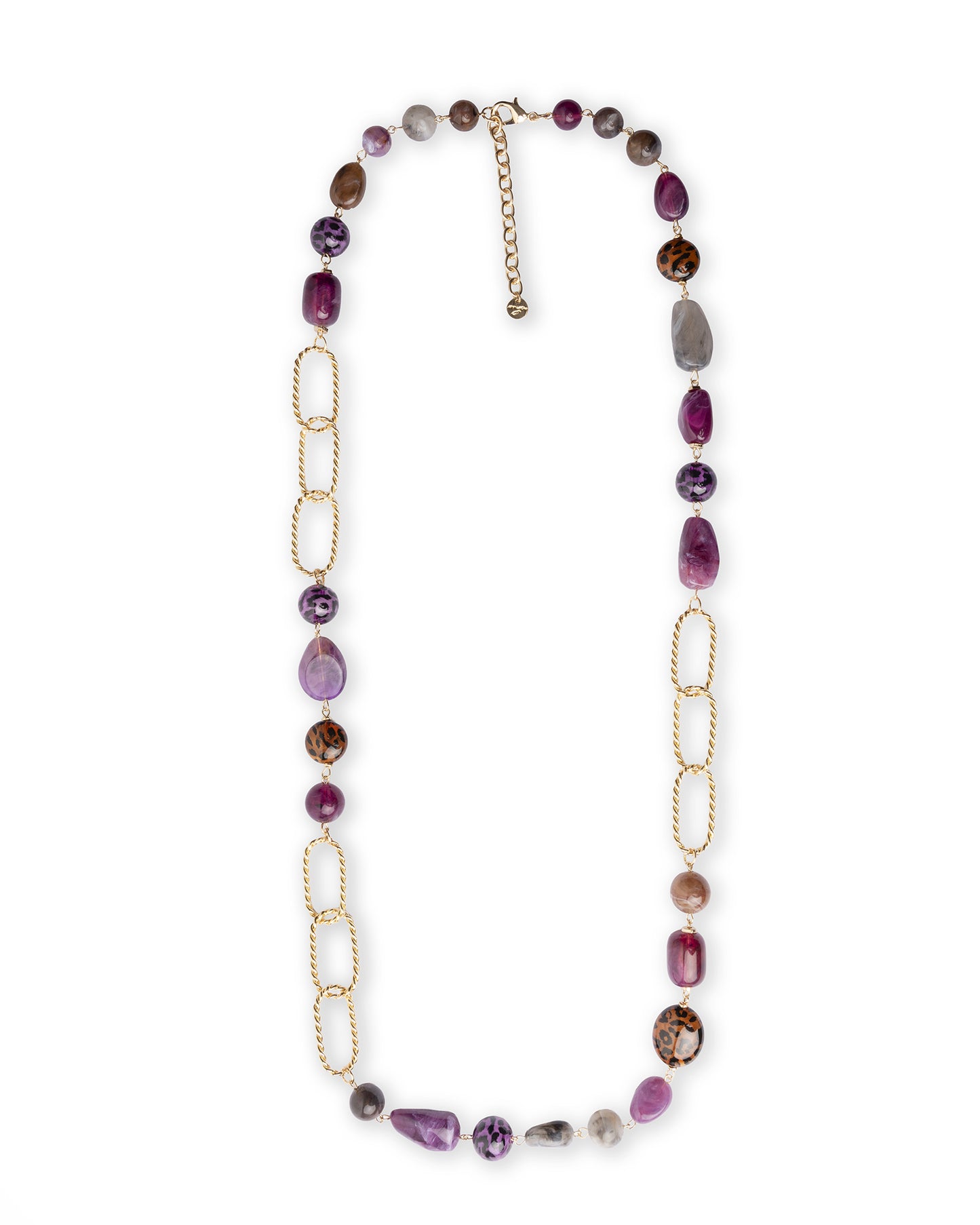 Collana lunga con pietre in acrilico e resina animalier tono viola