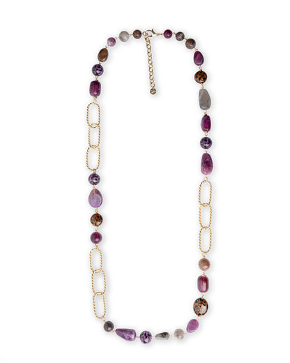 Collana lunga con pietre in acrilico e resina animalier tono viola