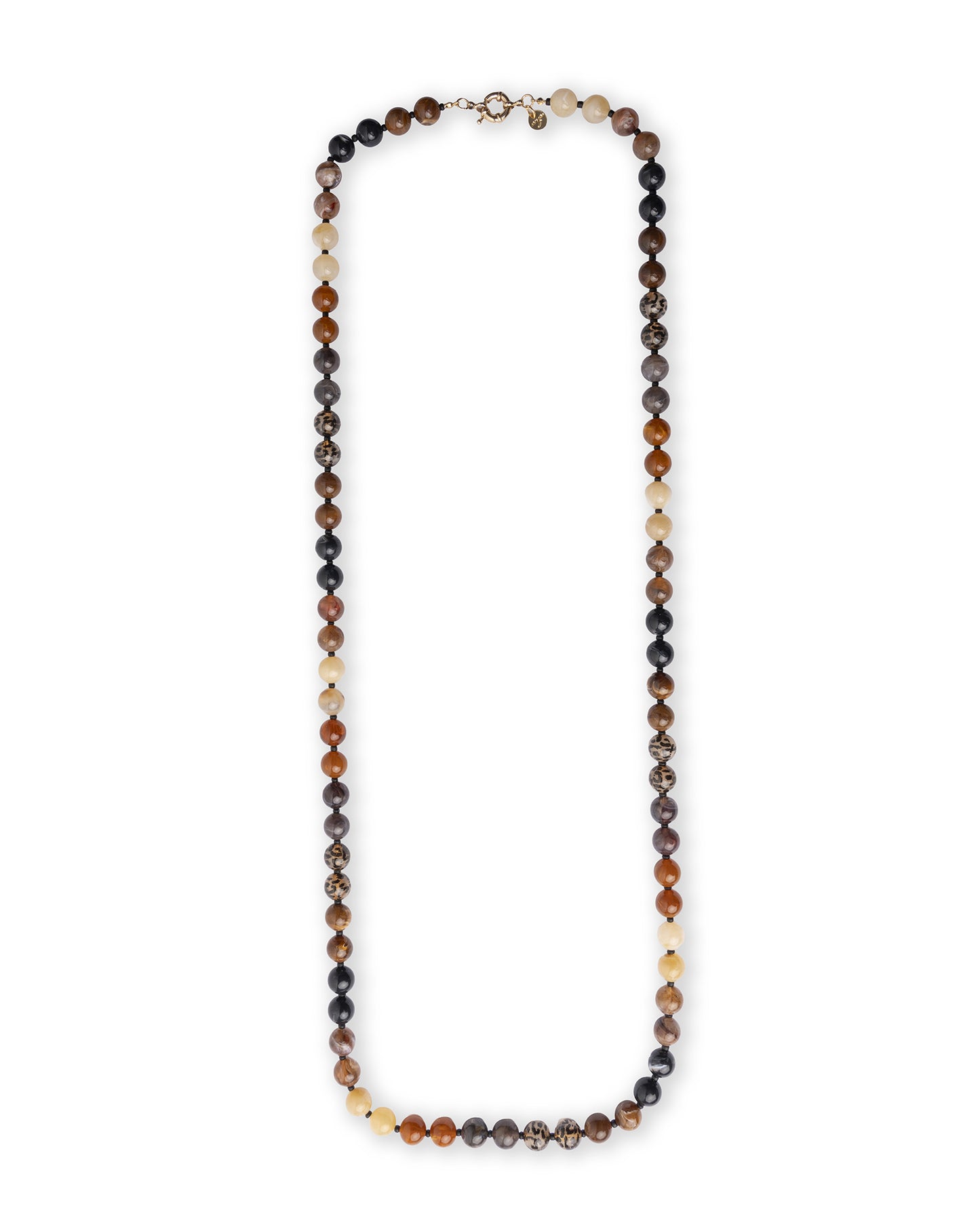 Collana lunga con sfere in acrilico e resina animalier sui toni del marrone