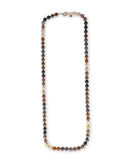 Collana lunga con sfere in acrilico e resina animalier sui toni del marrone