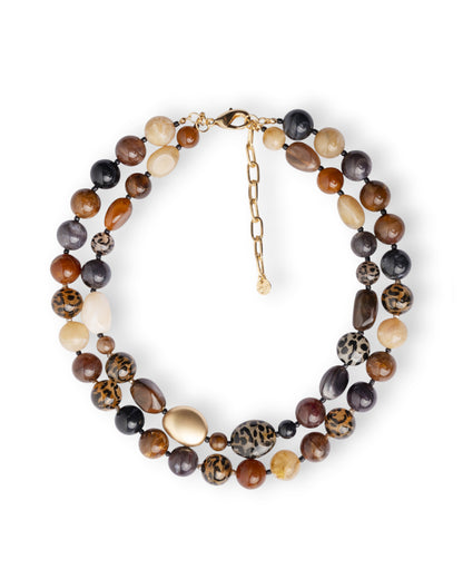 Collana girocollo a due fili con pietre in vetro ed acrilico animalier tono marrone