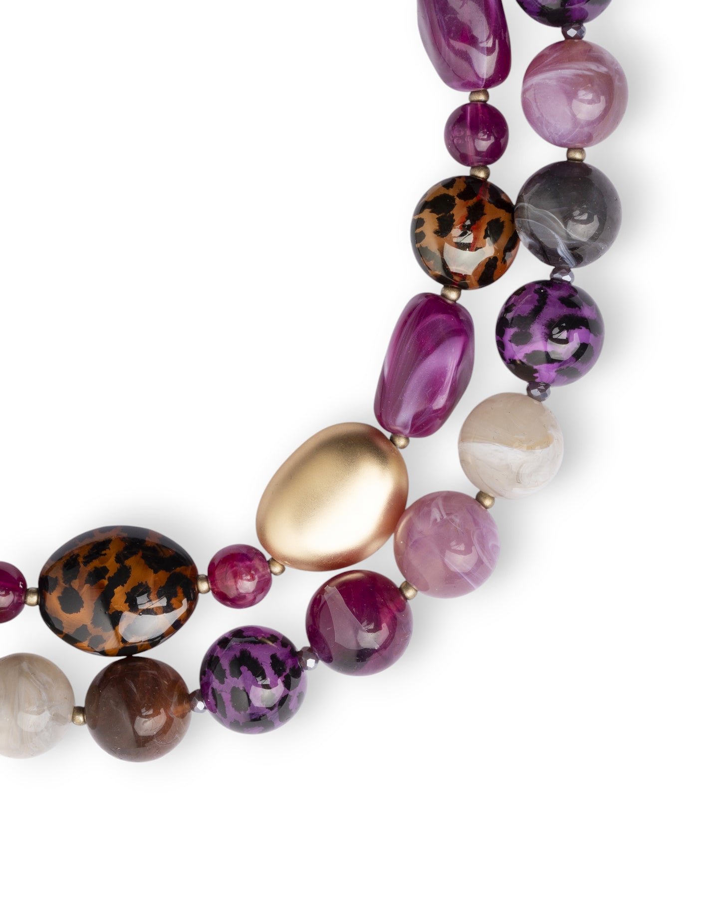 Collana girocollo a due fili con pietre in vetro ed acrilico animalier tono viola