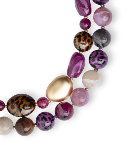 Collana girocollo a due fili con pietre in vetro ed acrilico animalier tono viola